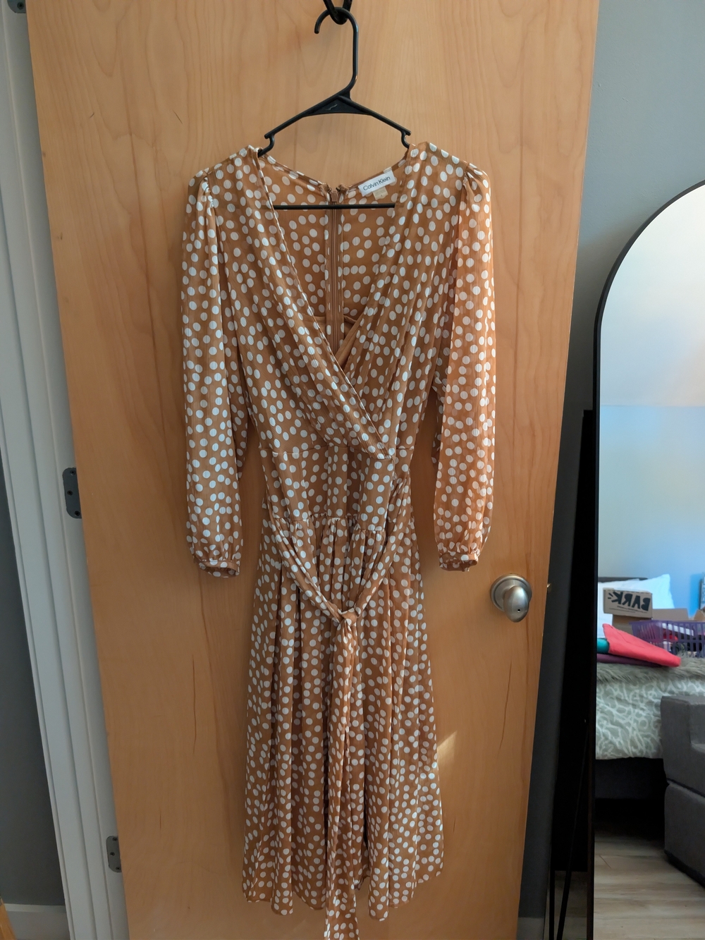 Calvin Klein Tan & White Polka Dot Wrap Midi Dress